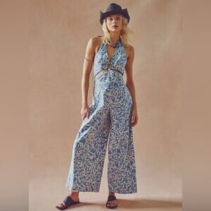 Free People FP Women’s Kira Halter Neck Wide Leg Jumpsuit Blue White Print